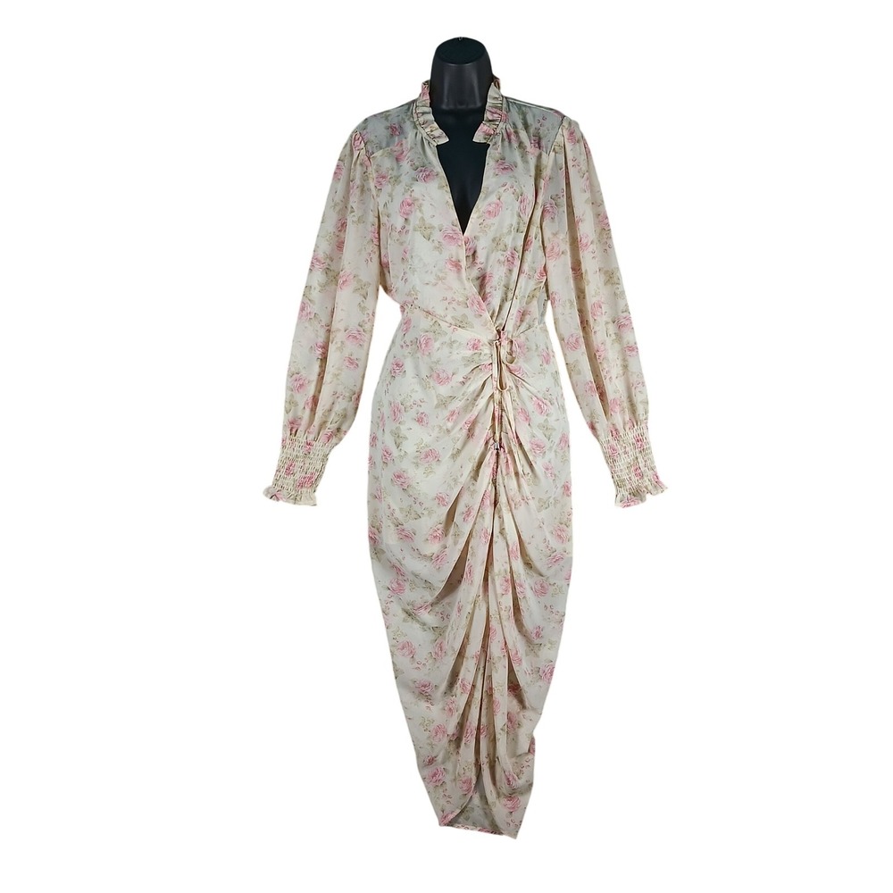 MABLE Floral Dress Size Small Cream Pink Ruched Maxi Rose Boho Cottage High Low